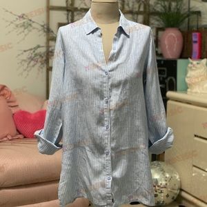 Paul Costelloe 100% Linen Blue Striped Button Front Long Sleeve